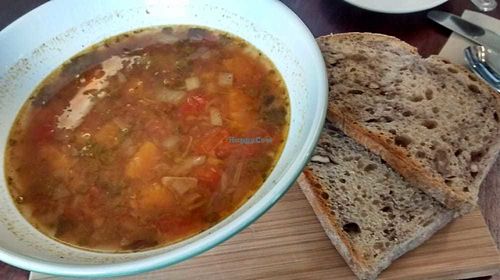 Soup - butternut squash, smoked jalapeno, aduki bean, with walnut bread at Breadshare Bakery and Cafe in Edinburgh