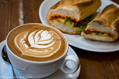 Soya mocha and romesco, roasted tomato, artichoke, rocket baguette. All vegan! at Brew Lab in Edinburgh