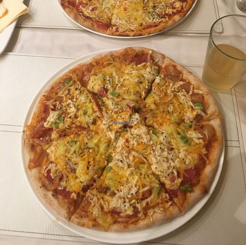 Pizza with seitan salami and three different cheeses at Napfenyes Bistro in Budapest