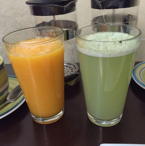 juices-lemonade w coconut and lime and papaya & orange at The Green Patio in Cusco