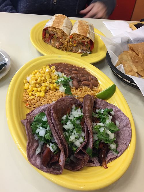 Vegan Al Pastor Taco Plate, Vegan Burrito  at Momcorn in Gurnee
