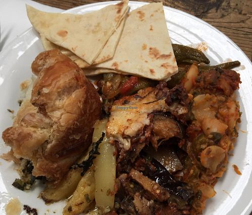 moussaka, spinach and tofu pie with lemon potatoes at The Travelling Greek - Market Stall in Adelaide