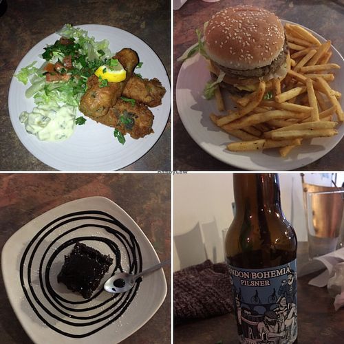 'fish' stix, burger, peanut butter brownie, pilsner at Veg Bar in South West London
