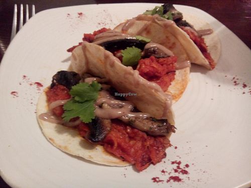 Vegbar's Spicy jackfruit and mushroom tacos with almond and plantain sauce at Veg Bar in South West London