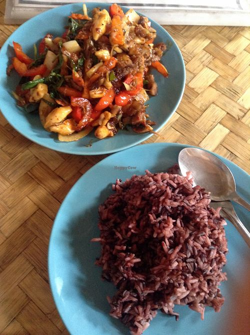 brown rice and fried vegetables at Bamboo Bee Vegetarian in Chiang Mai