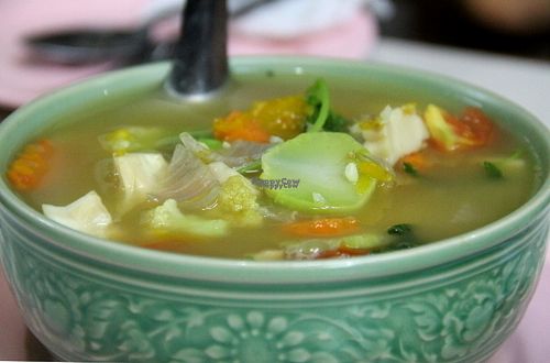 "Local Soup". The broth tasted fermented, so it´s not for everybody´s taste.  at Bamboo Bee Vegetarian in Chiang Mai