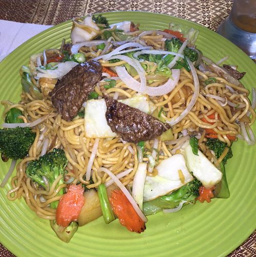 chow mien with soy beef   at Green Lotus Vegan in Gilbert