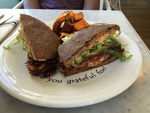 Closeup of the burger at Cafe Gratitude - DTLA in Los Angeles
