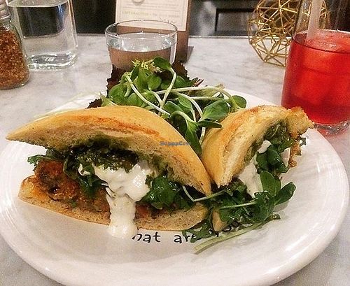 I am AWESOME and so greatful of this eggplant parm sandwich with hemp seed pesto! SO delicious!!  at Cafe Gratitude - DTLA in Los Angeles