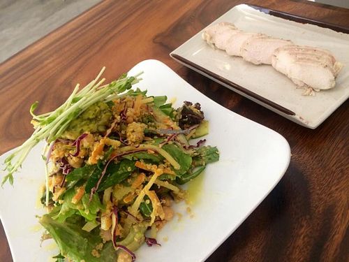 King Quinoa Salad with Pumpkin and Chickpea (Vegan) with extra protein of chicken added at Backyard Cafe - Riverside in Phnom Penh