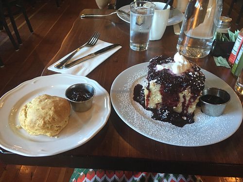 The buiscit with berry preserves and the French Toast. Saturday Brunch menu.  at Harvest at The Bindery in Portland