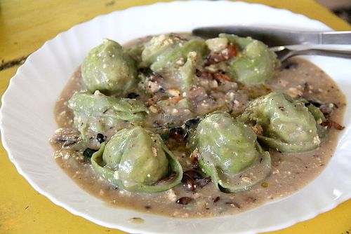 Tofuraviolis with mushroom sauce.  at Vegan and Raw in Varanasi