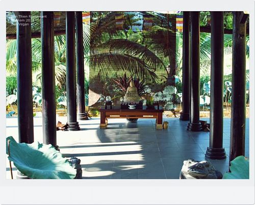 mediation hall with lots of lotus flowers  at Sen Thien Quan in Nha Trang