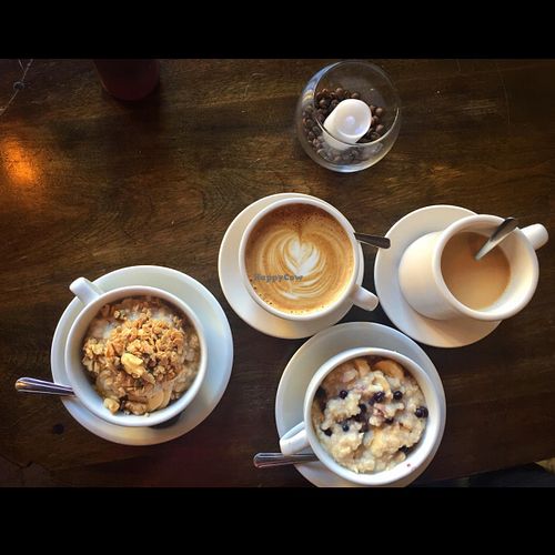 Organic blueberry oatmeal and latte  at Red Pipe in Forest Hills
