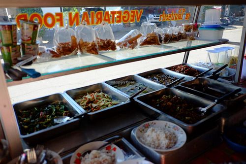 Buffet style food. Look out for the 'vegetarian food' sign :) at Veg Restaurant - Maenam Khwae in Kanchanaburi