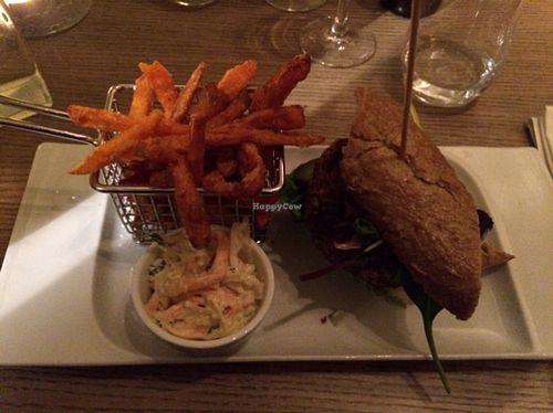 Bean burger with sweet potato chips and coleslow sallad at Happy M Kitchen in Gothenburg