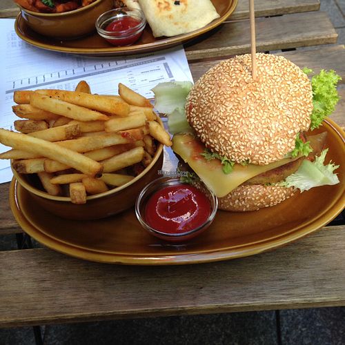 vegan burger with cheese and fries.  at Roots in Dresden