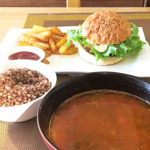 Indian soup, buckwheat and burger  at Loving Hut - Juulchin St in Ulaanbaatar