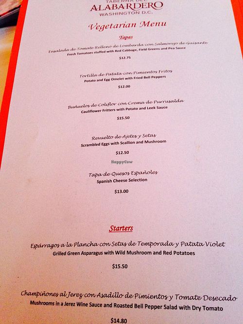Veg menu at La Taberna del Alabardero in Washington