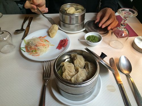 cabbage momos and soy-protein momos with coriander sauce at Pema Thang in Paris