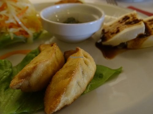 Starters - dumplings, tofu, potato cakes and cabbage salad at Pema Thang in Paris