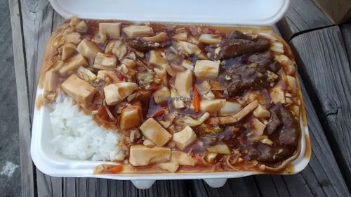 Tofu and seitan dish with rice at Peaceful Loft in St Johns