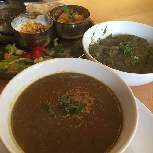 Thali tray, Saag (on Thursdays!) and the Daal of the day. at Ranjit's Kitchen in Glasgow