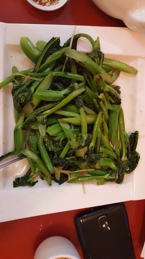 Chinese broccoli has delicious delicate sesame oil flavor is fresh at Bodhi Kosher Vegetarian Restaurant in New York City