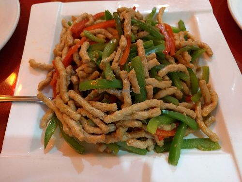 Shredded veg meat with hot green pepper at Bodhi Kosher Vegetarian Restaurant in New York City