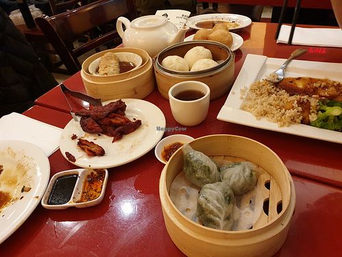 Pea pod dumplings, bbq meat, bean curd steamed, veg buns, fried rice balls , general tso chicken lunch at Bodhi Kosher Vegetarian Restaurant in New York City