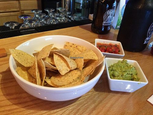 Guacamole, salsa, and chips at One Kombucha in Lake Park