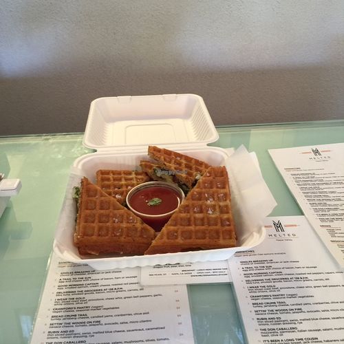 The Aunt Weaver Stamper sandwich is delicious! Artichoke hearts, sundried tomatoes and Daiya cheese on a vegan, gluten-free waffle. A small side of basil tomato soup for dipping!  at Melted in Napa