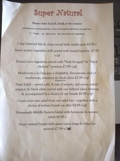 Sample Menu at Super Natural in Newcastle Upon Tyne