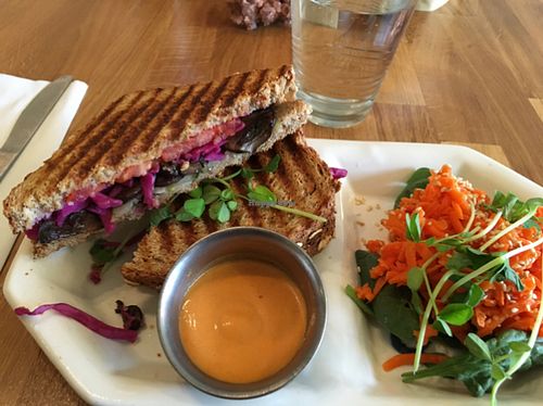 Reuben sandwich with ginger carrot salad at Pulp + Sprout Juice Bar and Vegan Cafe in Asheville