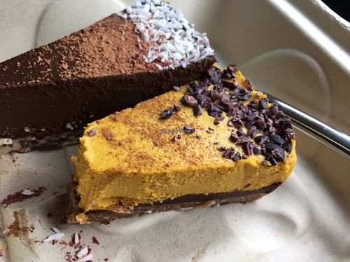 Raw cacao pie and raw pumpkin spice pie slices at Pulp + Sprout Juice Bar and Vegan Cafe in Asheville