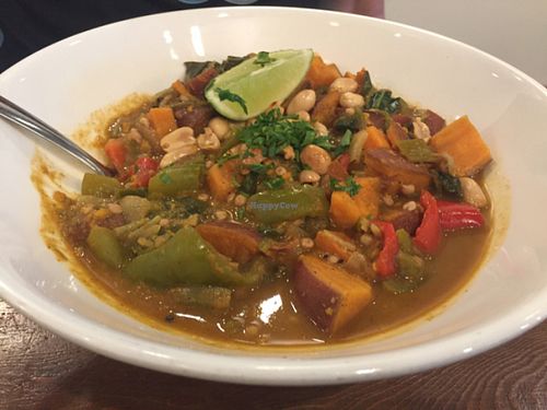 Out of Africa - yam stew with okra, collard greens in a spicy peanut broth at VegeNation in Las Vegas