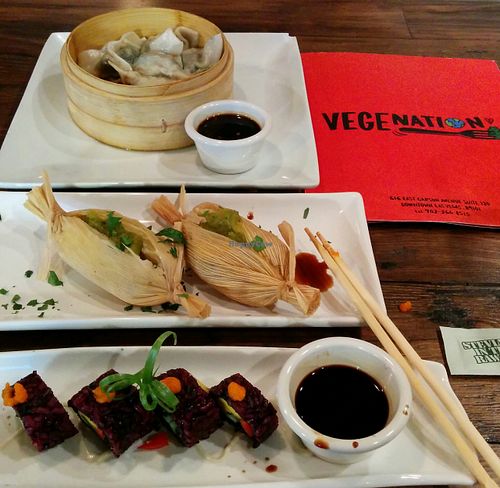 shitake and spinach dumplings, lentil and green chili tamales, vegan forbidden rice sushi at VegeNation in Las Vegas