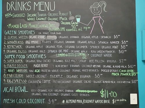 drinks menu at Karanaki's Raw Food in Fremantle