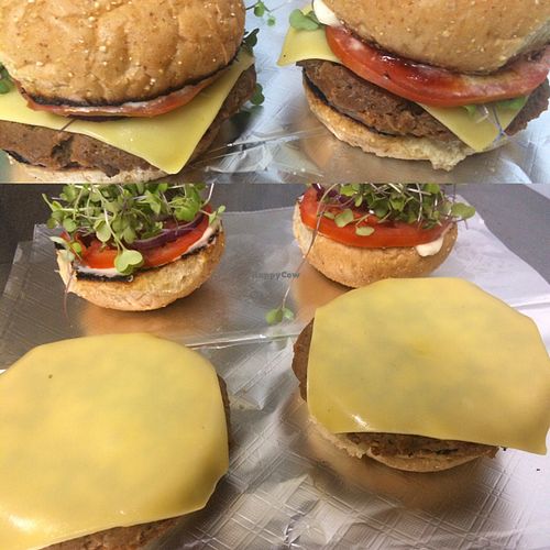 vegan seitan cheeseburger with local sprouts (cuttings no roots) tomato and onion.  at Planet Yum in Vero Beach