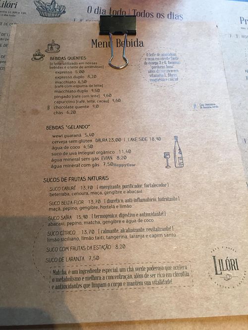 Beverages menu at Lilori in Sao Paulo