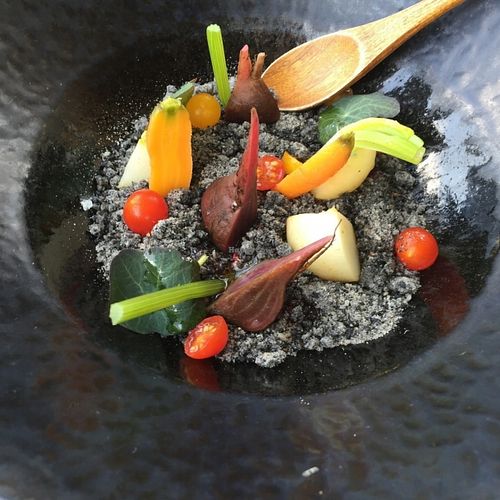 Baby veg in this amazing creamy something or other topped with ash looking something that was a truly exciting and scrum my dish!  at Sushi Samba in London