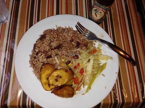Blue Mountain Cafe vegan entree - rice-n-peas, vegetable medley and plantains. at Blue Mountain Cafe in Leesburg