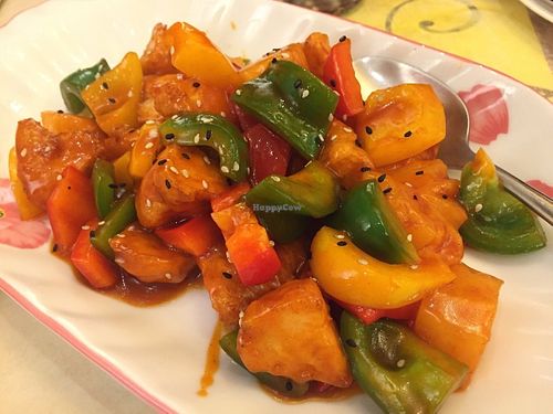 Sweet and sour lions mane mushroom at Joyous Vegetarian in Kowloon