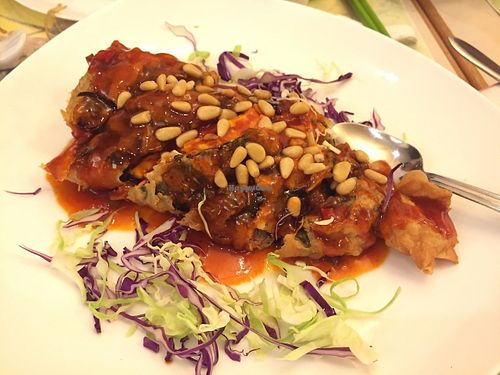 Vegetarian fish in sweet and sour sauce at Joyous Vegetarian in Kowloon