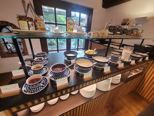 Breakfast: Various jams, several vegan yogurt alternatives, vegan chocolate spread, peanut butter, muesli.... There is a "Vegan" sign on each of the labels. at Landhaus Beckmann in Kalkar