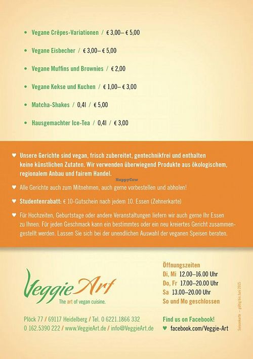 New menu and opening hours - April 2015 at VeggieArt in Heidelberg
