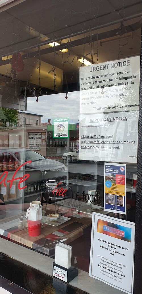 HappyCow sticker, from the main street at Evie's Cafe in Trafalgar