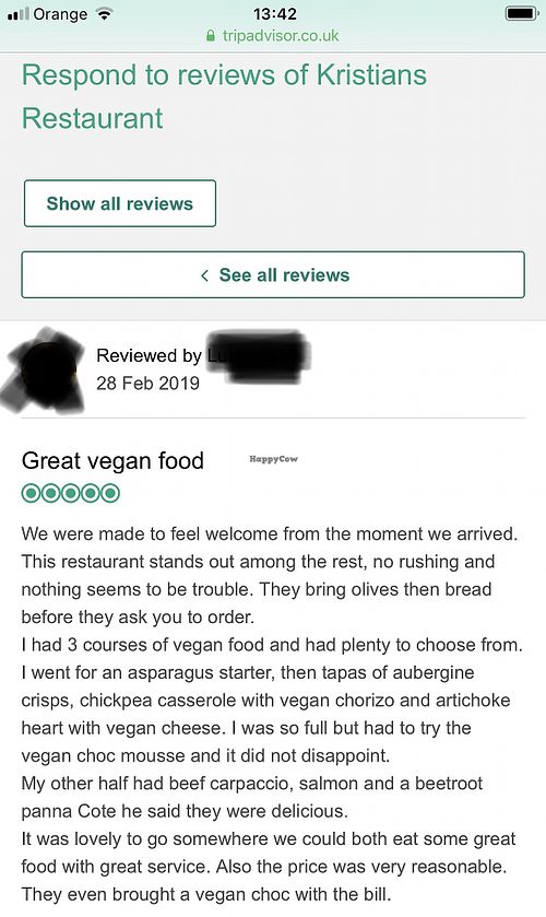 What a fab review we received - thank you  at Kristian's Restaurant in Lanzarote