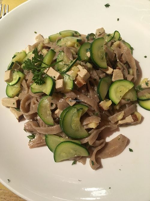 Whole wheat tagliatelle with smoked tofu, courgettes, and ginger  at Nadamas in Bolzano