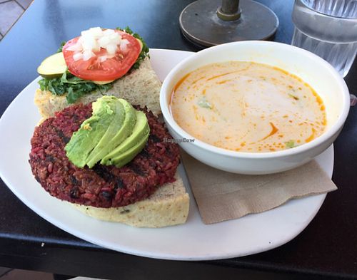 black bean burger and cauliflower cashew cream soup at Northstar Cafe - Short North in Columbus